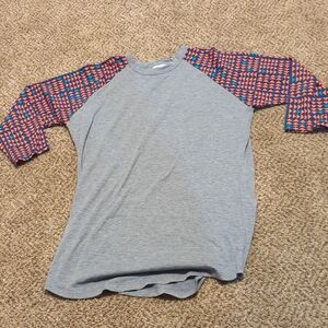 Women's LulaRoe gray baseball tshirt with red and blue graphic print, size small